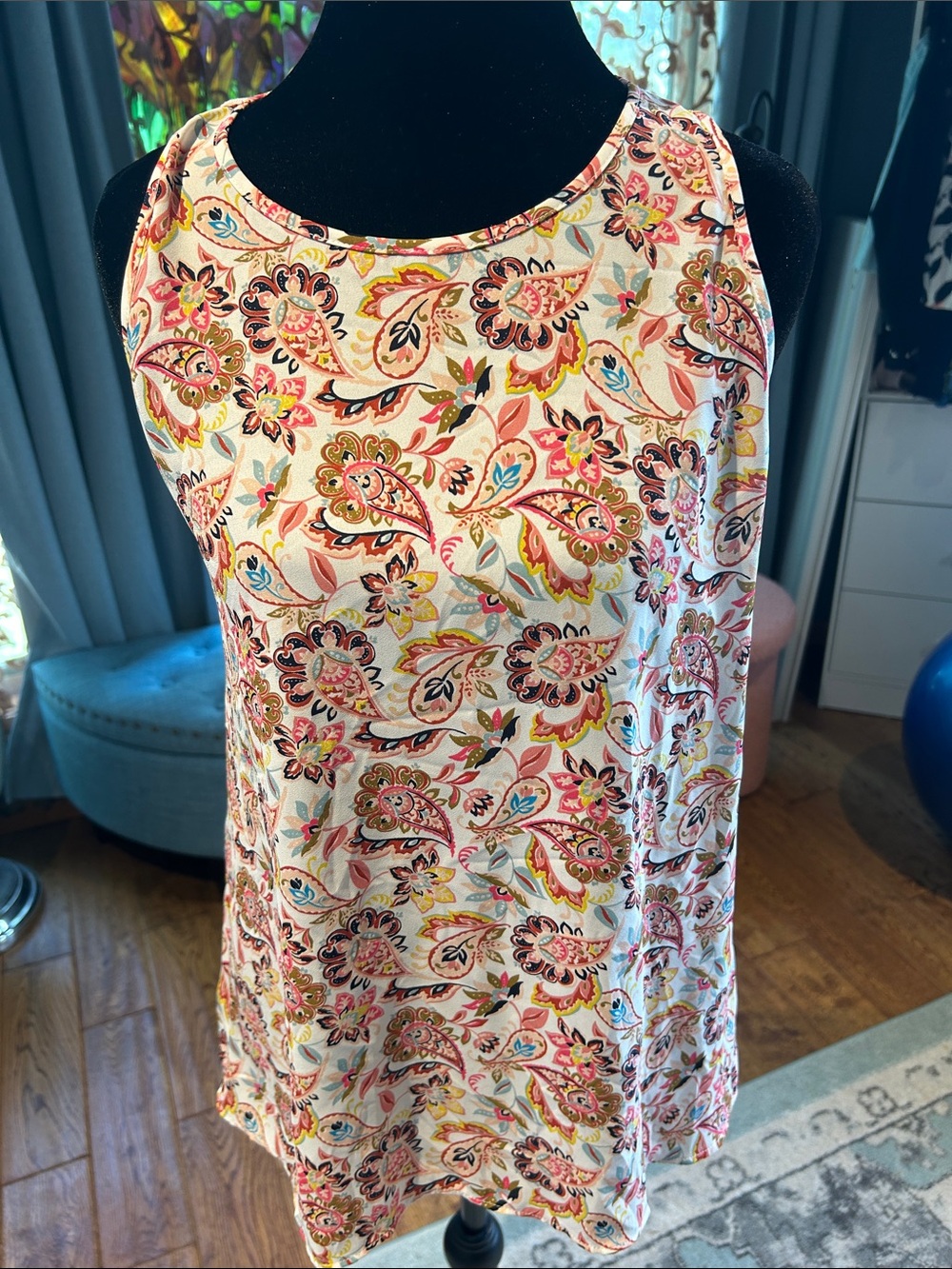 LOFT Cream Paisley Tank with Pink, Coral & Yellow Accents